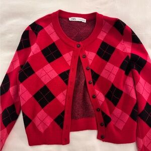 Zara Red Argyle Crewneck Cardigan Sweater